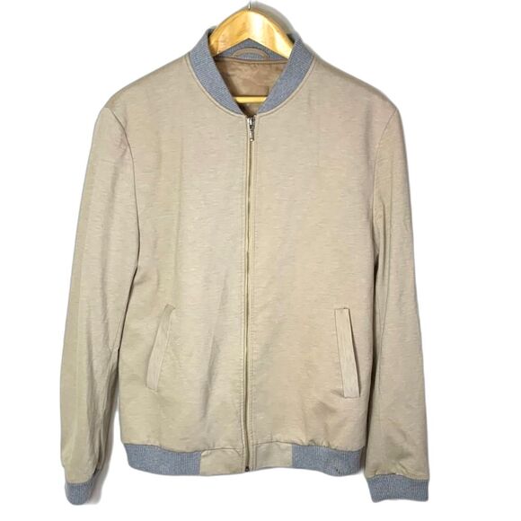 Topman Beige Gray Accents Zip Up Jersey Bomber Jacket Size 44/Large - Picture 1 of 14